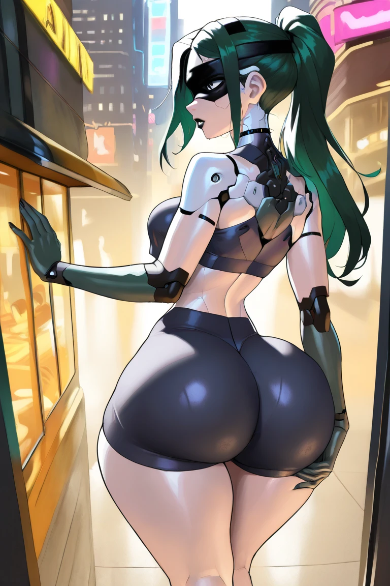 realisitic、tetas afuera、ciberpunk、escote del pecho、Senos bellamente formados、Pies crudos、bonitas piernas、sobreexpuesto、cyber city、la noche、ciudad nocturna、((de primera calidad)), ((masterpiece)), (alto detalle:1.3), 3D, Hermosa heceechanical suit、Near future cyber suit、Green White Cyber Suit、Disfraz de robot verde y blanco.、