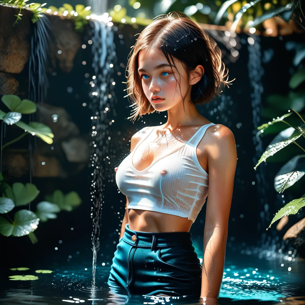 8k, high resolution, masterpiece, ultra-detailed, full body shot (cute girl, young, barely legal, tanned skin), (see-through oversized crop shirt, short, wide neckline, deep neckline, random color, bikini underneath), (cozy cabana, shiny silky sheets, outdoor, tropical ressort after a sunbath, wet, at dusk), (medium breasts, small hips, detailed face, long slick ponytail hair, tattoos), moody atmosphere, random dramatic and neon colors, futuristic setting, intricate details, at night, backlit, full body shot from the side