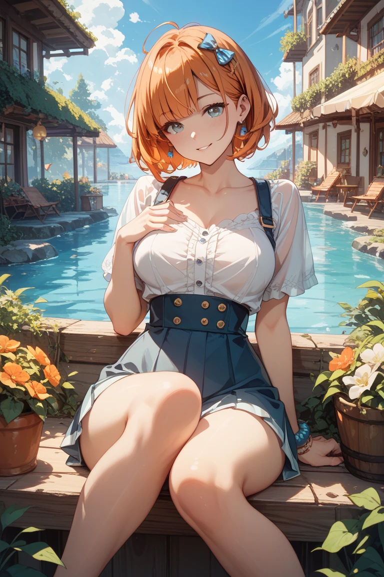 (obra maestra), Mejor calidad, ojos expresivos, cara perfecta, 1 chica, Solo, chica poco femenina, mujer madura, pechos grandes, escote, orange hair BREAK buns, camiseta sin mangas blanca BREAK pantalones cortos sonrisa, de pie, blue eyes BREAK flower garden, cielo azul ROMPER colinas verdes ROMPER hierba