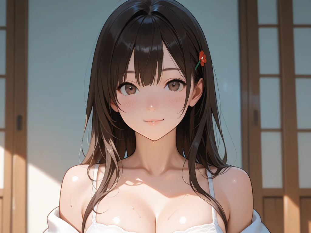masterpiece, Highest quality, photograph、realism、One Girl, Thighs, beautiful girl, Flowers, たくさんの小さなflower, flower、Tight waist, RAWphotograph,Bright lighting、Face Light, Ultra-realistic, High resolution, photograph, Sharp focus, Highly detailed eyes and face,Symmetrical face, Accurate hands、Five fingers、Half-open mouth、Small Nose、whole body、Big Breasts、Cleavageを強調、Lightly wavy hair、Long Hair、チラリと見えるThighs、強調されたCleavage、Her hair was tied with a big red ribbon......、Embarrassing、Lying in bed、(((Nipples are visible)))、masturbation behavior、((((Completely naked、I can see the vagina、Spread your legs、Sex toys in the vagina、Sexually excited expression、Hands ready for a hug))))、(((Sex in a mountain hut、rich in color)))、((Expressions of pain))、(((Well-shaped breasts、virgin、Anxious but happy expression、A small amount of sticky white urine、Cleavage、A comfortable and relaxed expression)))、(((A messy white lace dress、Breasts exposed、The lower body is exposed、Beautiful navel)))