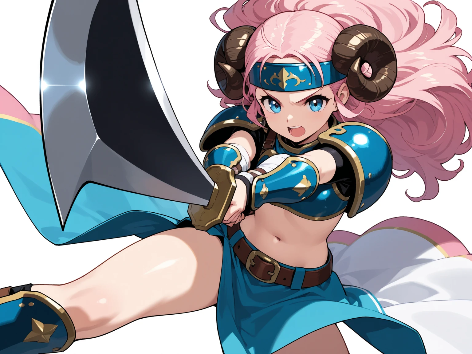 female warrior, long pink hair, blue eyes, dynamic pose, wearing Victorian-era armor, ((background: a sky full of clouds))
