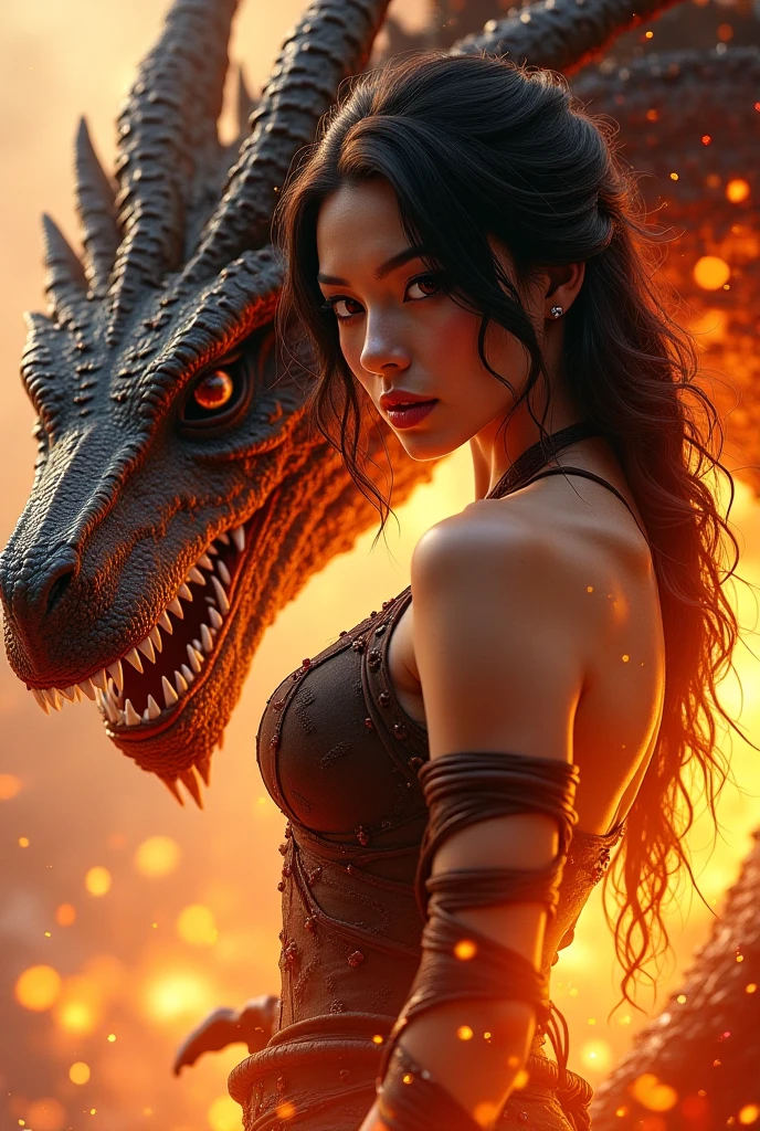 (in 8K, RAW Photos, top-quality, ​masterpiece:1.2), (realisitic, Photorealsitic:1.37), ultra-detailliert, high resolution, Huge Monster and sexy sorceress, Huge Monster and beautiful Sorceress, Looking at Viewer, full body, terrified expression,building crumbling, Burning flame, stunningly beautiful face, dynamic ungle