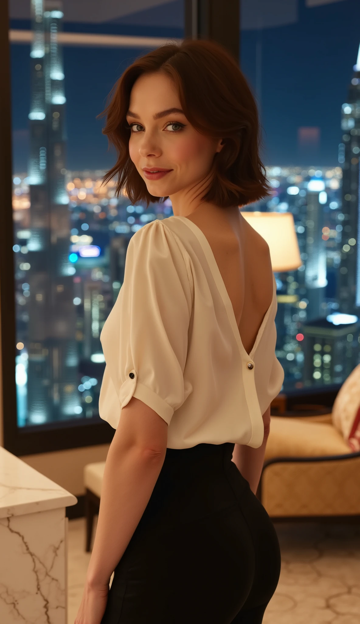 (Photorealistic masterpiece:1.4), (8K UHD:1.3), (Hasselblad H6D quality), (studio lighting with rim light and softbox:1.3), elegant model, (genetic perfection:1.2), (dewy skin texture with natural subsurface scattering), (perfectly contoured cheekbones), (voluptuous yet athletic physique:1.1), (wearing tailored ivory silk blouse with a deep v neckline and mother-of-pearl buttons:1.4), (designer high-waisted yoga pants with seam detailing:1.2), (delicate Cartier jewelry:1.1), posing with a subtle, seductive smile—hinting at confidence and allure—directed at the viewer, in (luxurious suite at Burj Khalifa:1.5), (floor-to-ceiling windows showcasing Dubai's glittering skyline at night:1.6), (iconic skyscrapers like Address Sky View and Dubai Marina visible), (opulent modern interior with gold leaf and white marble accents:1.4), (designer furniture from Fendi Casa or Bentley Home), (plush velvet chaise lounge with satin throw pillows), (crystal champagne flute on onyx counter), (slight motion blur on distant city lights), (Leica Noctilux bokeh effect:1.2), (Vogue Arabia editorial style:1.3), (hyperdetailed fabric textures:1.3), (perfect skin microcontrast), (professional model posture), (warm ambient glow from Dubai's neon lights reflecting in the room), (ultra-luxury atmosphere:1.4), (moody yet sophisticated lighting:1.3), rear view, she's looking to her back