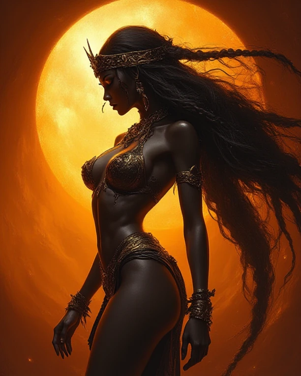 Indian lady with goddess figure in complete nude with strong dark body, killing devil

