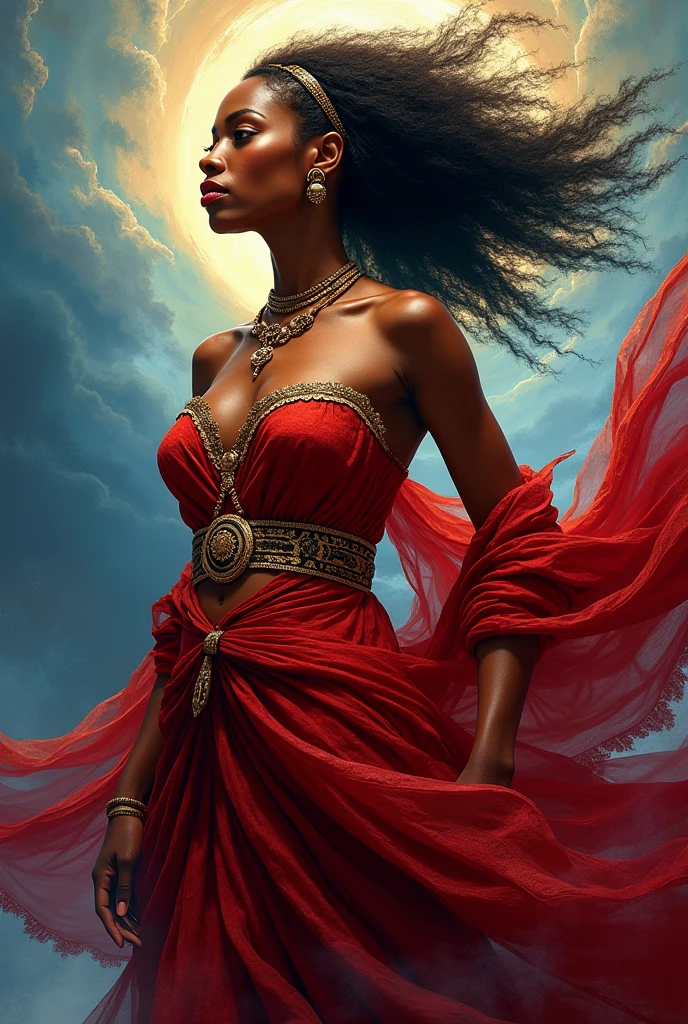 ultra-detailed, high ((best quality)), ((art)), majestic and intricately detailed smooth oil painting (Iansã Orisha, Nigerian, breasts showing, richly decorated red costume, guerreira, corpo sado,Goddess of winds and lightning , sword in one hand, whip in another, rain clouds in the sky, sky with lightning, wind, exquisite and elegant, cubism style, Salvador Dali style -ar 9:16 - v