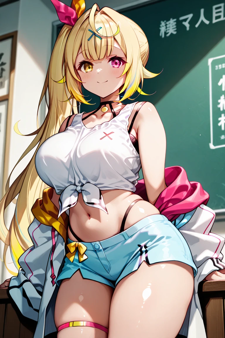 masterpiece, best quality, detailed face, detailed eyes, blonde hair, long hair, hairclip, dark skin, blue eyes, choker, tied shirt, midriff, cleavage, miniskirt, thighhighs, cowboy shot,