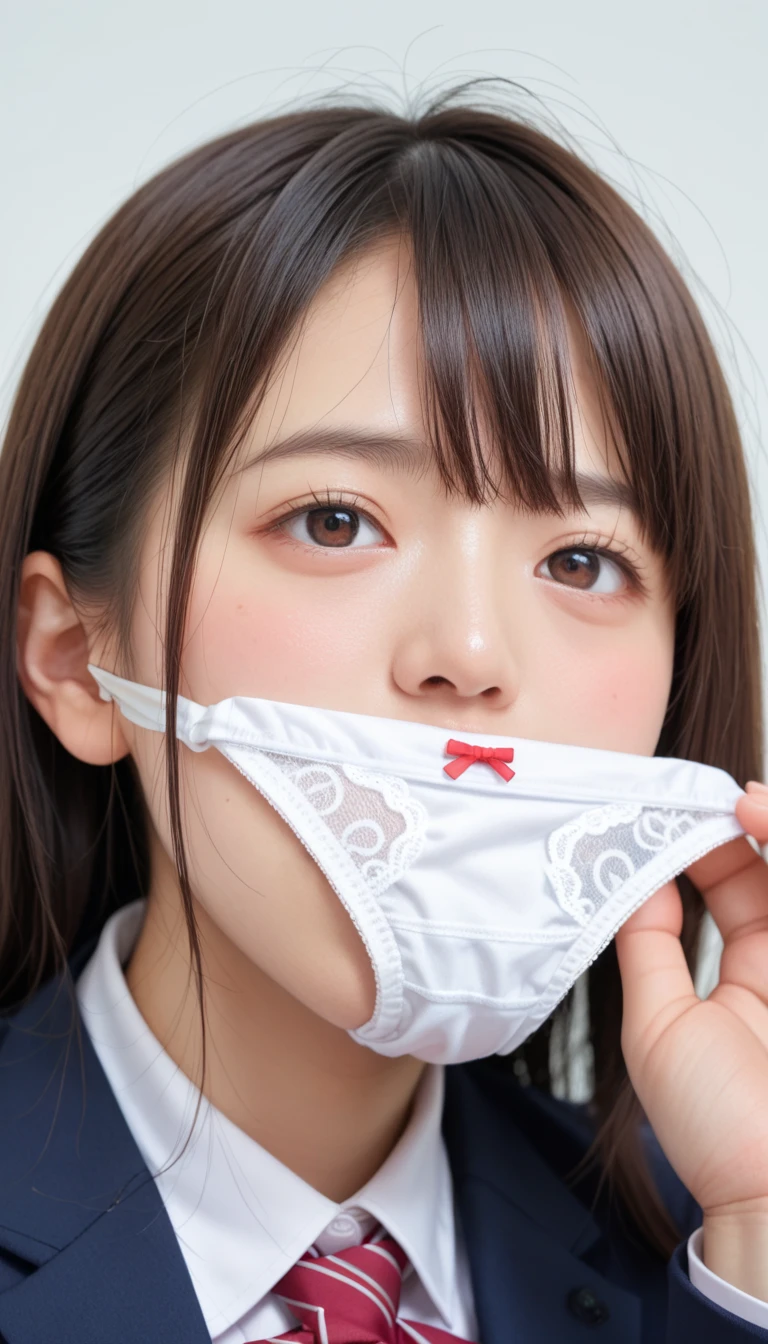 (Absurd:1.3),8k,(Detailed Photos:1.5),(Detailed face and skin:1.3),(Ultra-high resolution:1.5),(Realistic:1.5),Symmetrical clear eyes,Well-groomed face,(Ray Tracing:1.3) ,One girl, Japanese,high school girl,(wearing Japanese high school uniform:1.3),(Navy High School Uniform:1.3), break (Panties as a gift),(Detailed pink silk panties:1.1),masterpiece, Highest quality, Very detailed,classroom,Black medium straight hair,Focus Panties,Cinema Lighting,(Blushing:1.3),(Panty stains:1.4),