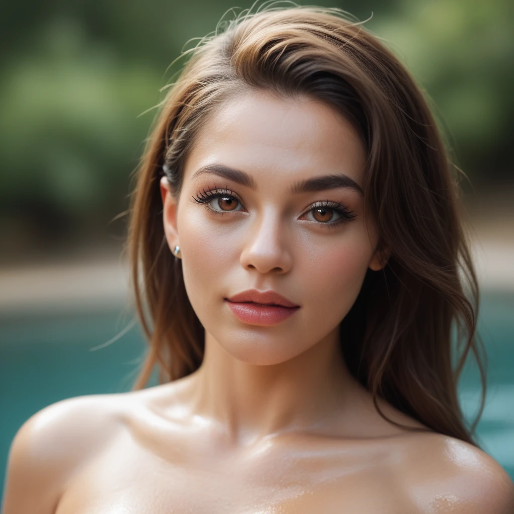 (best quality, 4k, highres, masterpiece:1.2), ultra-detailed, realistic:1.37, albanian girl, feminine face, age 20, green eyes, long black wavy hair, normal eyebrows, sharp jawline, normal nose, oval-shaped face, beautiful detailed eyes, beautiful detailed lips, long eyelashes, porcelain-like skin, soft and smooth complexion, natural makeup highlighting the eyes and lips, and elegant facial features, graceful posture, gentle expression, soft lighting emphasizing the facial contours, delicate and intricate detailing of the facial features, vibrant and radiant colors, At the pool, wearing bikini, nice ass, SFW