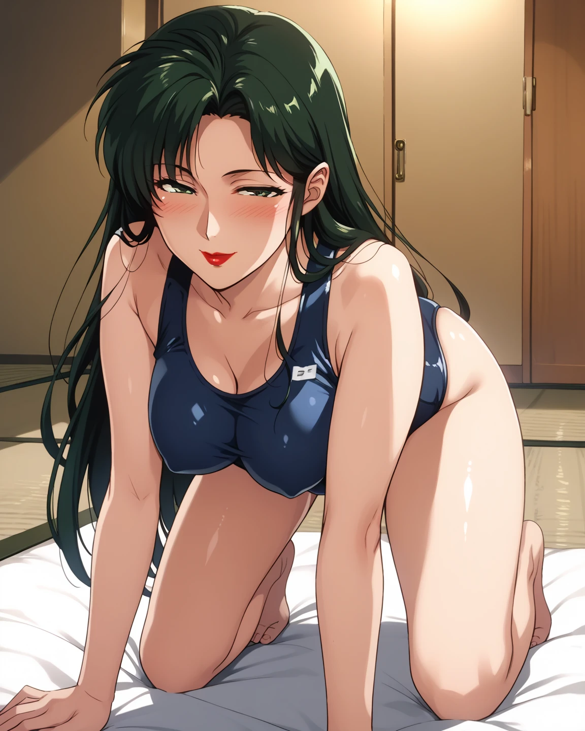 sumLyn, green hair, high ponytail, hair flower, choker, blue bikini, strapless, cleavage, waist rope, One girl, An athletic body, Sitting, On the floor, Split Horizon, stretch, horizontal splits, smile, stretch regs, poolside, hand on floor, peace sign