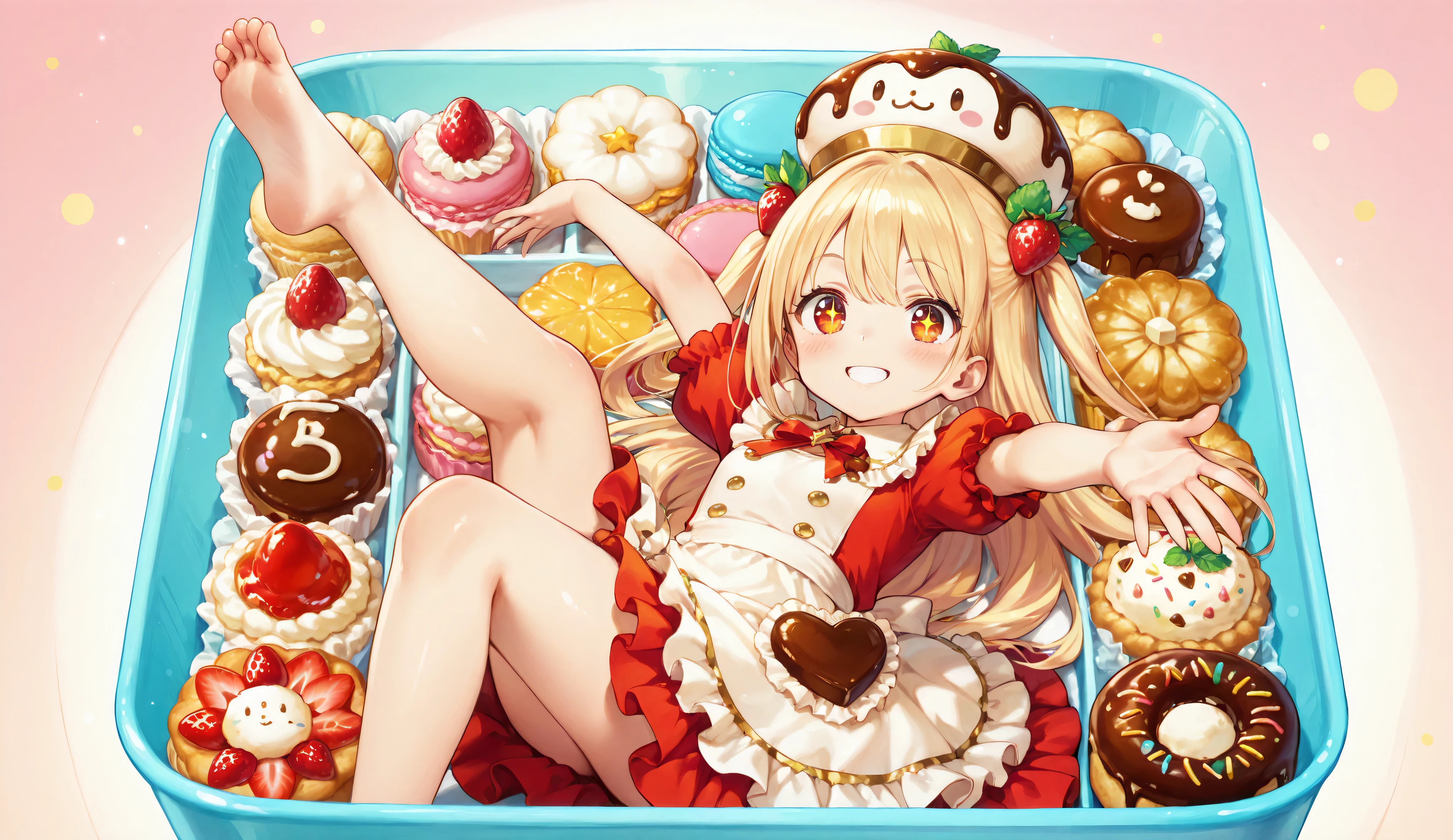 A vibrant, high-resolution anime-style illustration of a fantasy bento box featuring a cheerful anime girl styled as a dessert-themed "bento spirit." She has long flowing honey-blonde hair tied with candy-shaped ribbons, large sparkling amber eyes, and a playful, confident smile. Her outfit is inspired by French patisserie fashion: a frilly pastel dress with whipped cream-like ruffles, chocolate-gold accents, strawberry motifs, and a cupcake-shaped hat. She is lying diagonally inside a clean, glossy bento box, surrounded by detailed, colorful sweets — macarons, fruit tarts, chocolate éclairs, jam-filled cookies, and whipped toppings. Her pose is dynamic yet graceful, with arms playfully reaching out, hair flowing between the desserts, and one leg bent to fit into the composition. The style is rich in detail, similar to anime game key art — vibrant colors, cel-shading, soft lighting, and elegant food-art harmony.