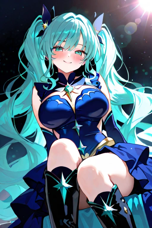 mulher dullahan, toda sensual, no head, Your head in your arms, olhos amarelos, cabelo azul quase preto, pele branca, cabelos flutuando, em uma miragem