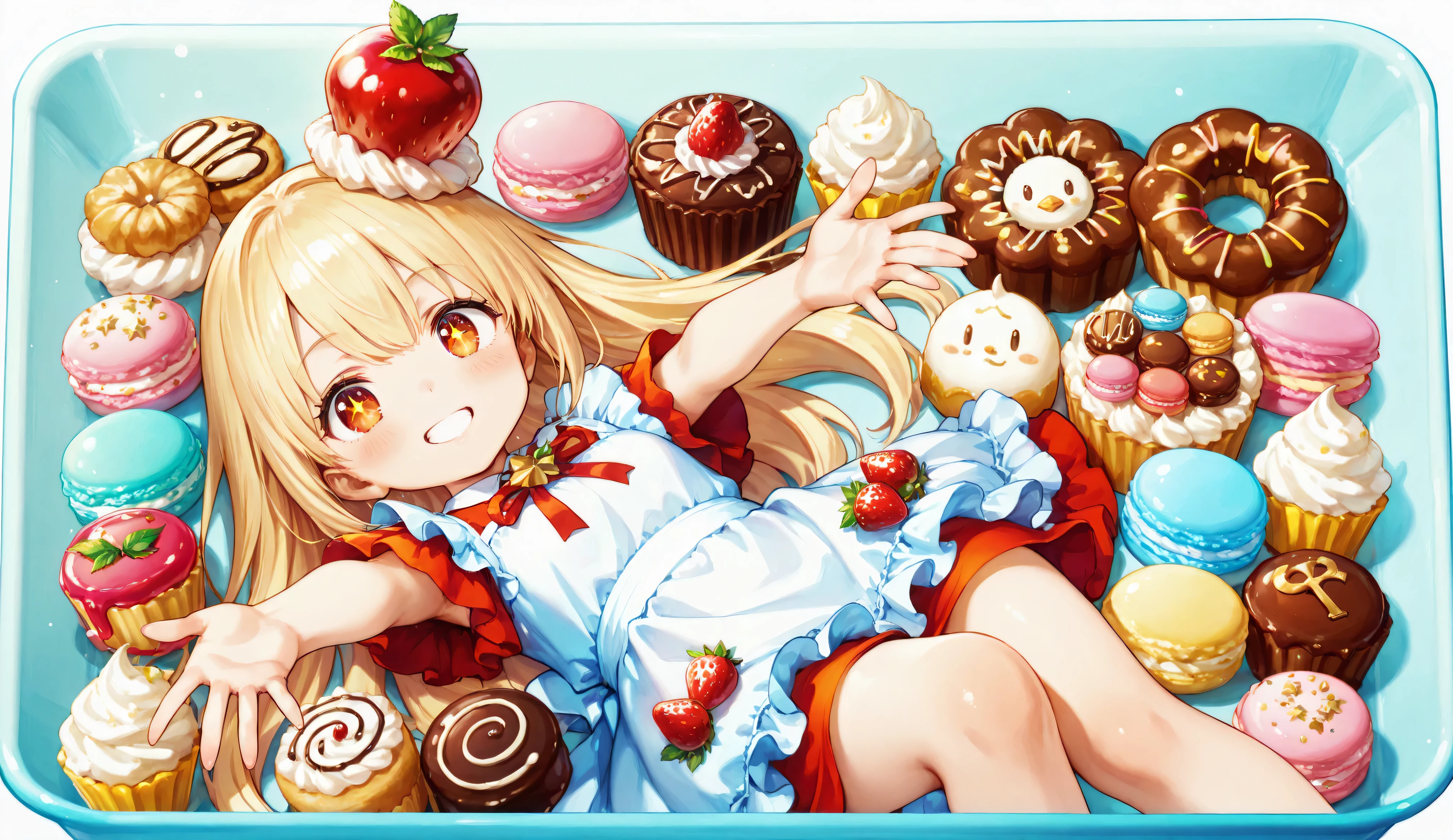 A vibrant, high-resolution anime-style illustration of a fantasy bento box featuring a cheerful anime girl styled as a dessert-themed "bento spirit." She has long flowing honey-blonde hair tied with candy-shaped ribbons, large sparkling amber eyes, and a playful, confident smile. Her outfit is inspired by French patisserie fashion: a frilly pastel dress with whipped cream-like ruffles, chocolate-gold accents, strawberry motifs, and a cupcake-shaped hat. She is lying diagonally inside a clean, glossy bento box, surrounded by detailed, colorful sweets — macarons, fruit tarts, chocolate éclairs, jam-filled cookies, and whipped toppings. Her pose is dynamic yet graceful, with arms playfully reaching out, hair flowing between the desserts, and one leg bent to fit into the composition. The style is rich in detail, similar to anime game key art — vibrant colors, cel-shading, soft lighting, and elegant food-art harmony.