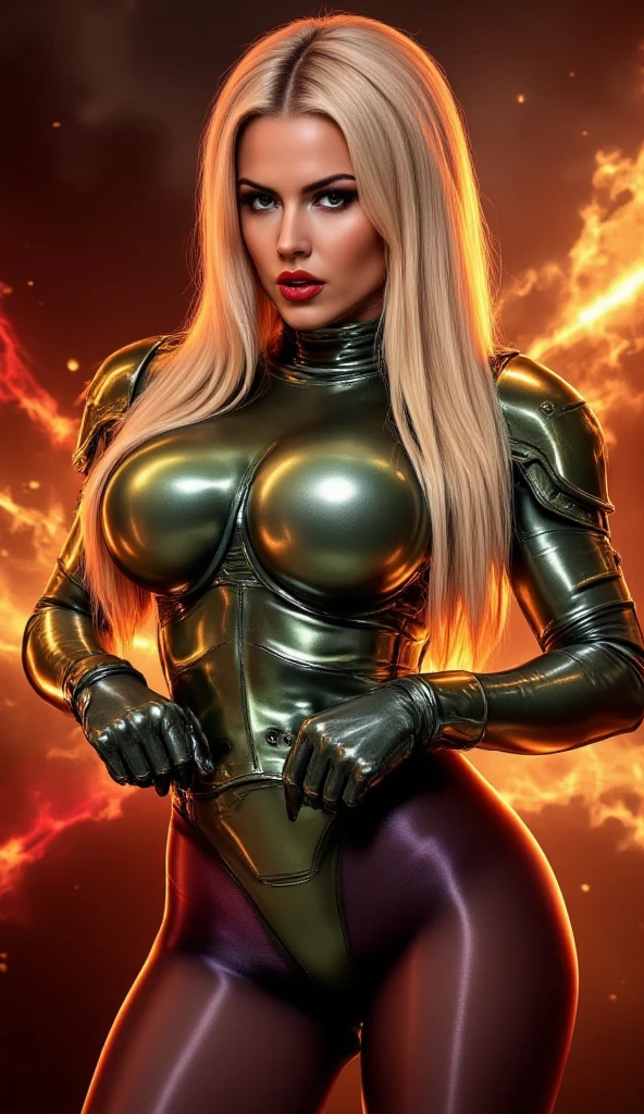 (Huge boobs:1.4), blonde, laughing, nude, nipples, Spider-Man , cybernetic, city skyline background