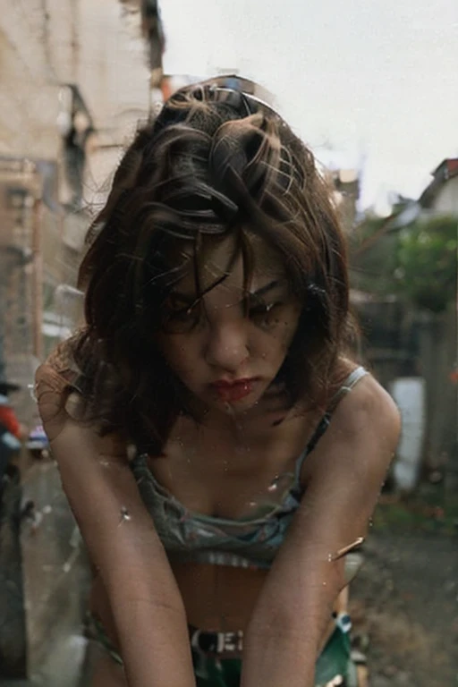 An overweight Russian girl sits in a dirty alley with her bare legs squatting with her feet in a puddle