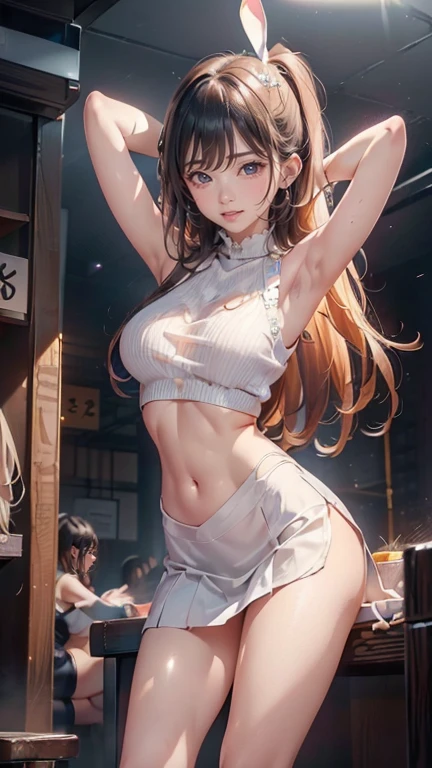 Under boobs,(masutepiece), Best Quality, Extremely detailed, bloom, Delicate and beautiful, Illustration, (From below),(1girl in:1.4), (Solo:1.2), Large breasts, (Ribbed white sweater:1.3), off-the-shoulder white sweater, (Short shorts:1.2), Bare shoulders, (underboob:1.5), ((Dark skin:0.8)), Beautiful eyes, (disheveled hair ), modeled, over-the-shoulder shot, Professional, Canon Camera, Nikon Camera, sharp, Bokeh, Studio Quality, fish-eye lens,
