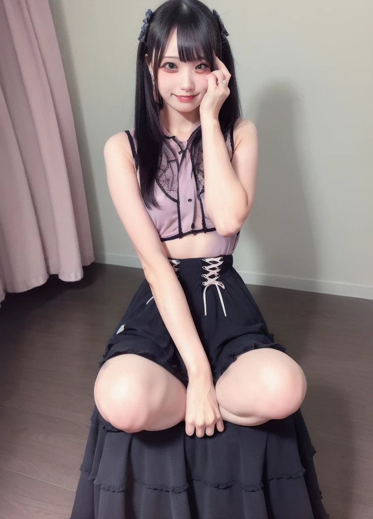 16K quality, highest quality, high resolution, real photos, (Super realistic, photorealistic)、((long shot, full body portrait)), (((Open legs, spread legs, showing panties))), (((Deliberately spread legs wide open and lift up your skirt to showing panties))), dynamic angle, {{{{{skimpy}}}}}, (((micro under wear))), ((((tight dark pink panties)))), (perfect hand), (((black hair, bang))), {{((looking at viewer))}}, (in bright room)
