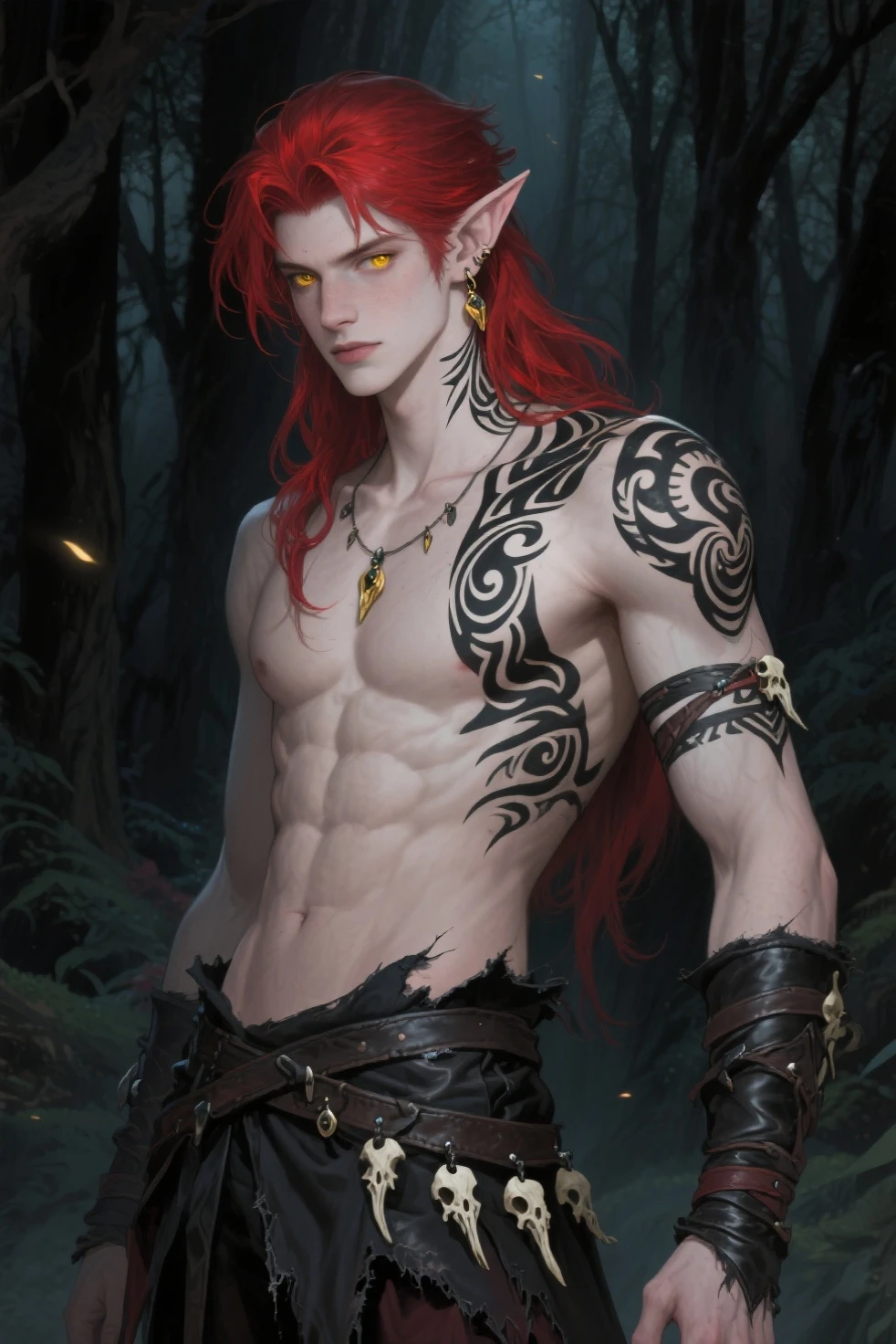 Best quality, masterpiece, top,
Devlin,
Young men,
Short, messy red hair,
With a pair of forward-curving horns on his head,
Black eyes,
Medieval brown leather (no metal),
A delicate face,
A look of anger,
The background was a dark jungle with glimmers