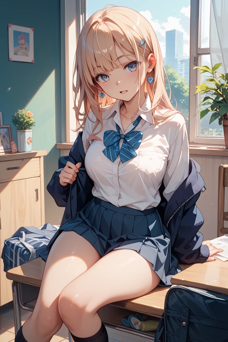 ((best quality)), ((Masterpiece)), (details), perfect face, classroom, slender 14yo teen girl, (((sit))), (((Let's go together., Bend your knees))), ((((Plain white button-down shirt)))), (((Dark blue pleated skirt))), (((Plain pink panties))), (((The highest point under the skirt.))), (((skinny thighs))), (((Thin waist))), ((Surprise.:1.4)), ((blushing:1.3)), blonde hair, braid