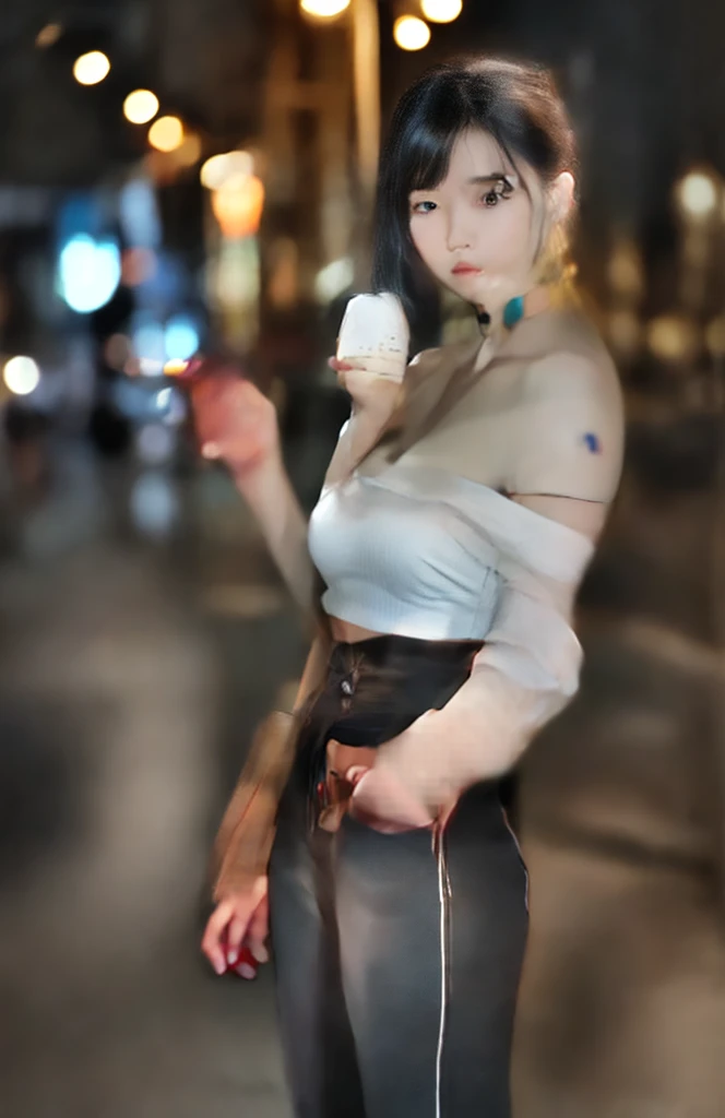 Beautiful woman, Playing with your cell phone in the middle of the street, [See through](Short lace camisole:1.47), Natural Breasts, Medium chest, (Tight waist, Perfect body curves), Earrings, Sharp focus, (Tall body, Adult female), (Skin with attention to detail, Skin pores:1.4)、Slim figure、Sexy proportions