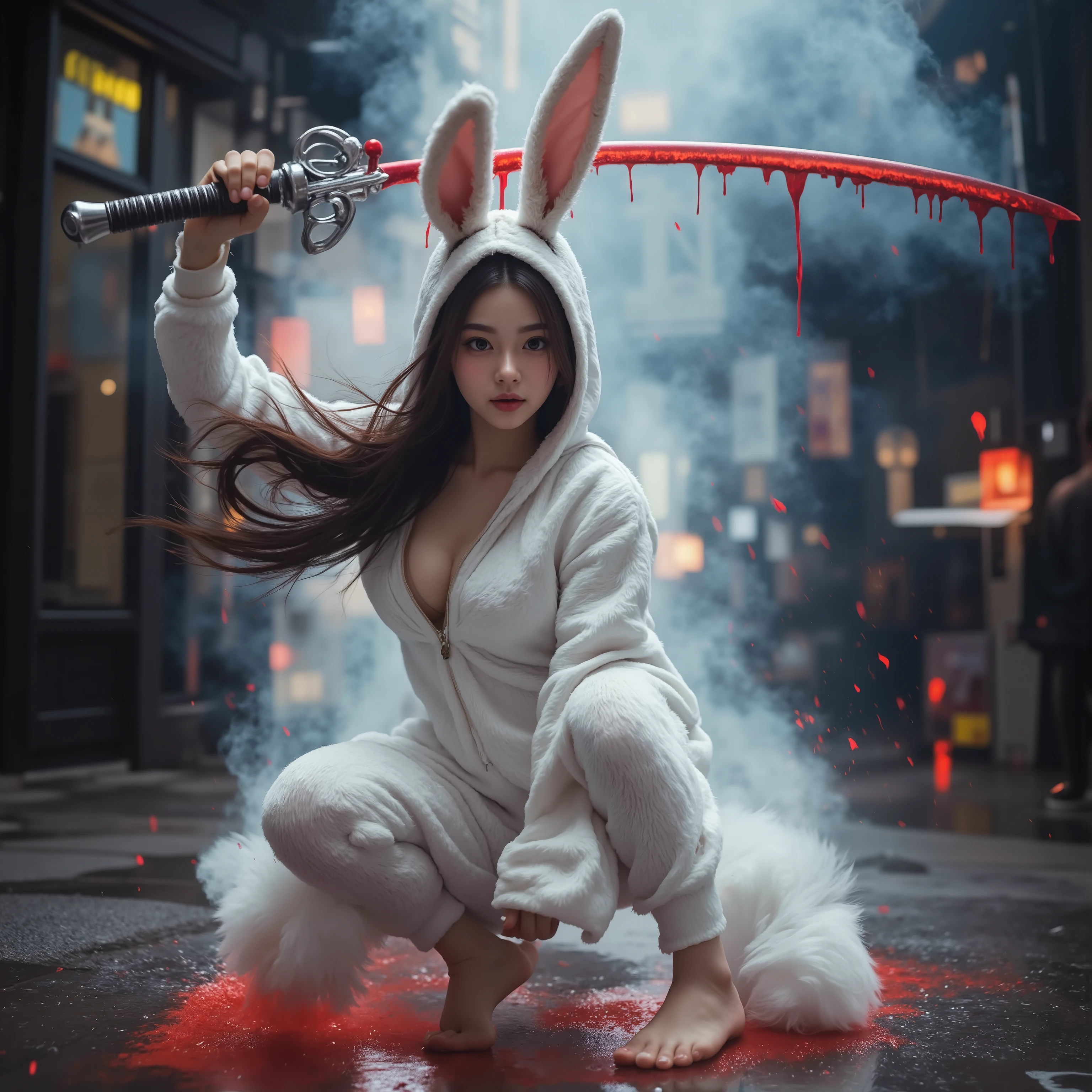 ExtremelyDetailed Sexy Vorpal Bunny Girls in Live-Action, The white Vorpal Bunny turned into a Kawaii Bishoujo, 変化之術, Smoky witchcraft, smoking hot, Stuffed Bunny Hooded fluffy Onesie with open zipper, inspired by "Through the Looking-Glass, and What Alice Found There", Haunting and Ethereal, Luminous Rainbow Particles 🌈, Swinging a Vorpal Sword, swing trajectory, Red Paint Droplets in the air, Half-Crouching full body from below, Barefoot