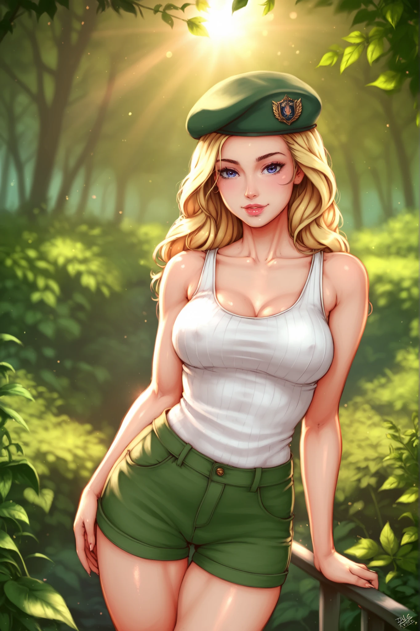 1girl, (solo:1.2), (looking at viewer:1.5), (upper body:1.5), (walking:1.2), (cowboy shot:1.5), (masterpiece:1.3), (best quality:1.3), (perfect anatomy:1.4), highly detailed, (secluded river scenery:1.2), (sunlight through trees:1.3), daylight,natural rock formations, nature,, cammy white, twin braids, long hair, (blonde hair:1.2), antenna hair, beret, (red headwear:1.3), (blue eyes:1.3), scar on cheek, large breasts, (green leotard:1.5), sleeveless, red gloves, fingerless gloves, camouflage, agawa, vibrant colors, warm palette, expressive, solid shading, clean lineart, 4k, NSFW, gorgeous face, perfect breast,