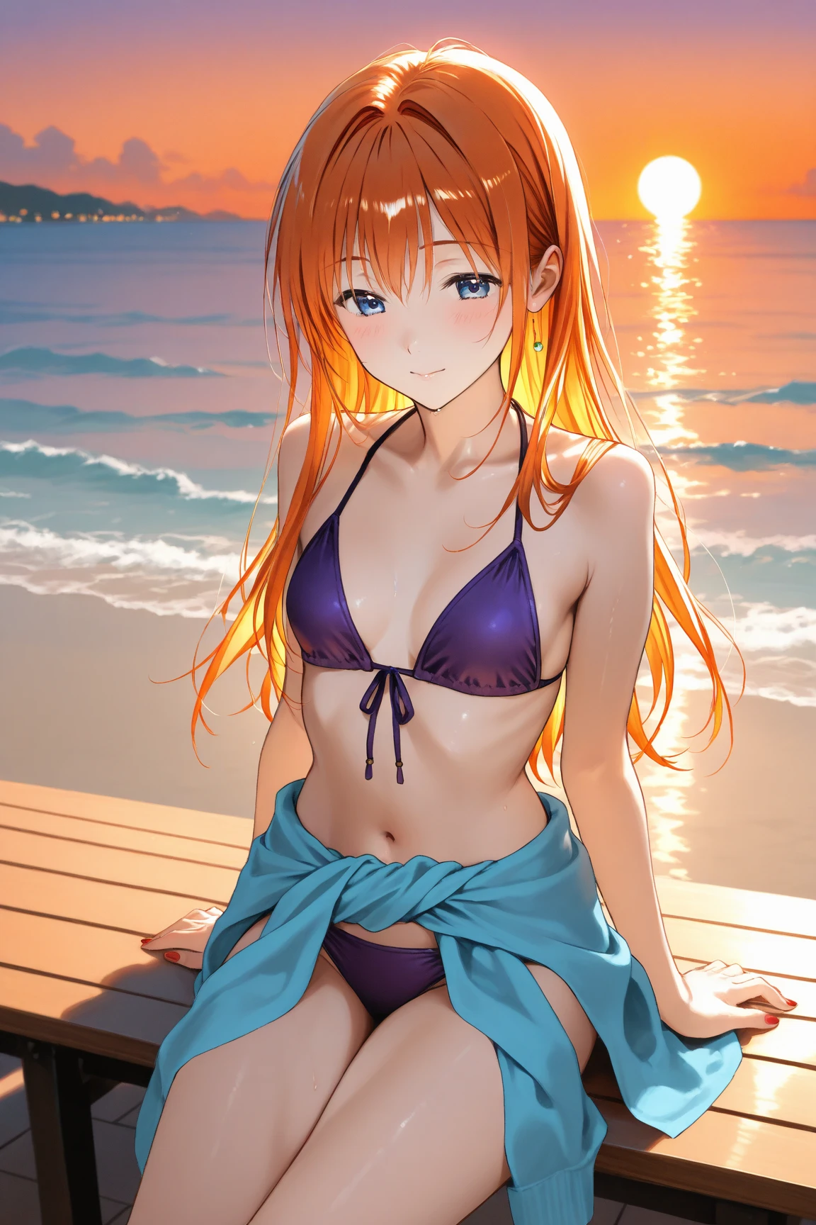 (masterpiece, high quality), (1 woman), wet, bikini, necklace, wavy ginger hair, freckles all over, flower in hair, perfect body, small breasts, (perfect face), beautiful eyes, tropical, pool
