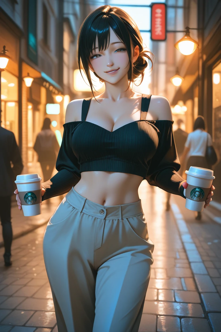 1girl, solo, solo focus, city roof, cityscape, elbow gloves, red eyes, pointy ears, gloves, ahoge, black hair, white gloves, hairband, pantyhose, sideboob, white pantyhose, dress, bare shoulders, virgin killer sweater, sweater, sweater dress, asymmetrical bangs, short hair, turtleneck,Expressiveh, shiny skin, cyberpunk, robot eyes, hair between eyes, winking, smile, robot joints, mechanical body, sfw