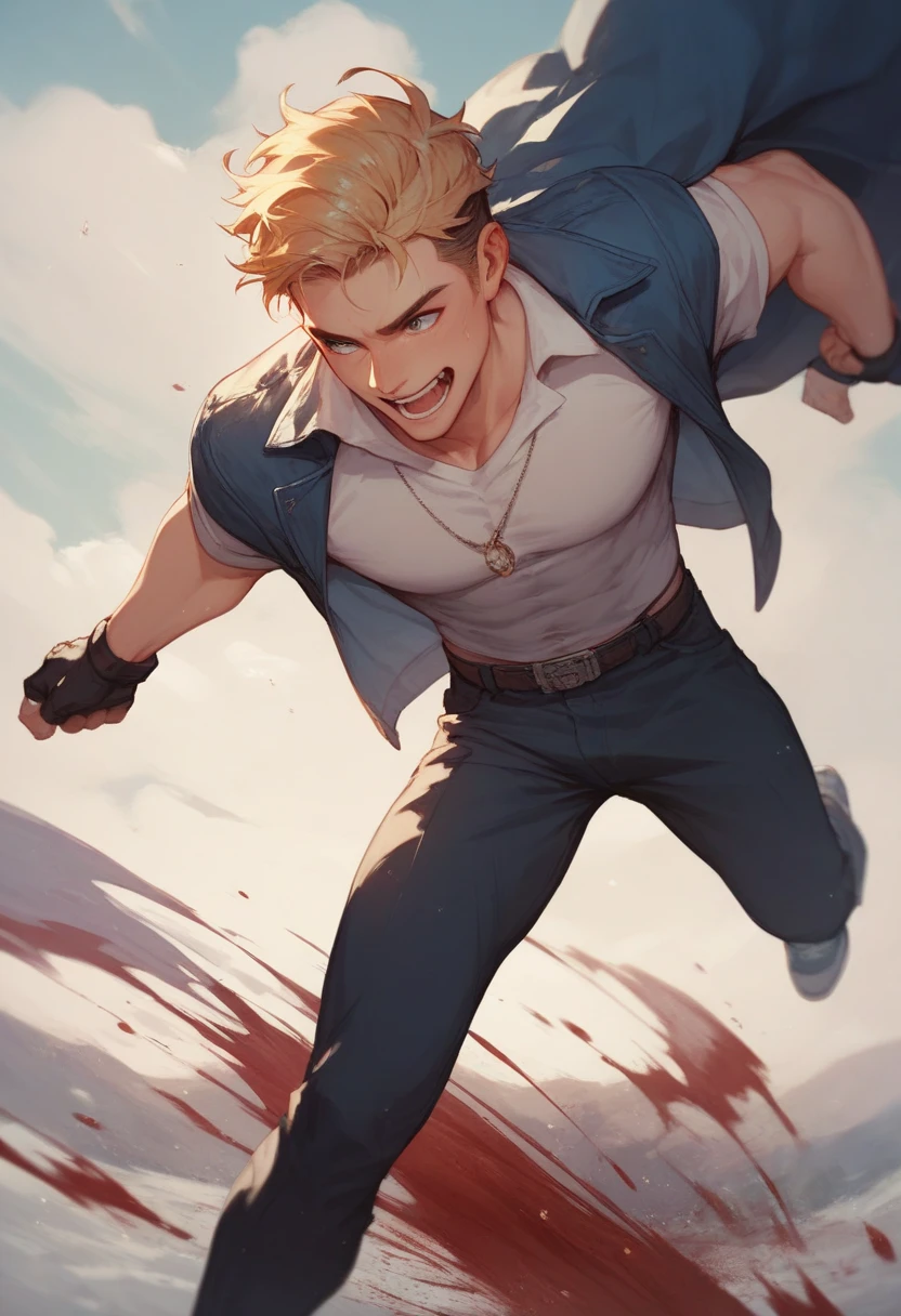 A young man with an angular face smiling with pointed teeth. Her blonde hair is disheveled and often falls across her forehead in a messy manner..., reflecting a sloppy style. His brown eyes often convey a mixture of determination and tiredness.., with an expression that varies between firm determination and vulnerable innocence. He has a slender physique, but athletic, indicating a life of physical challenges and battles. His clothes consist of a crumpled and bloody white shirt..., a loose black tie and dark pants, often torn and dirty , He wears white and red All-Star sneakers , wielding a chainsaw sword in his left hand.