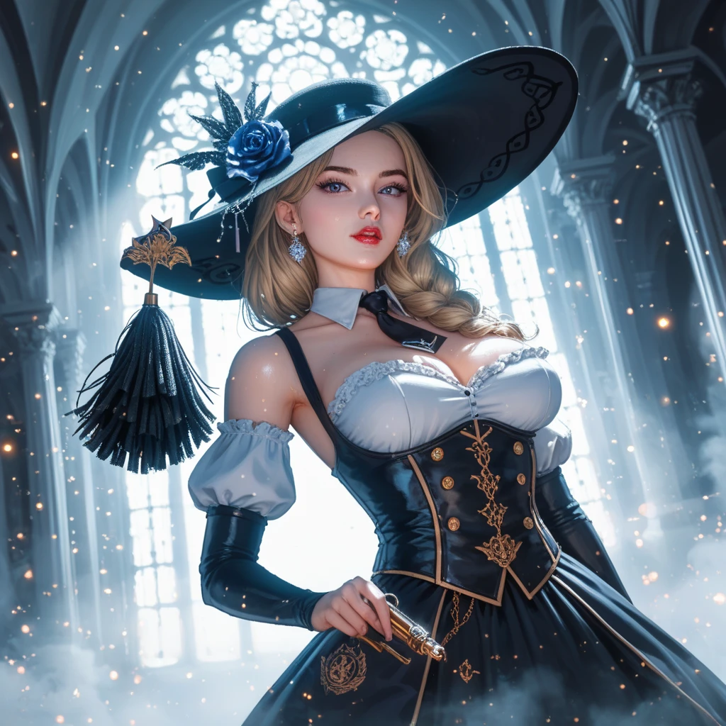 a painting of a 40-year-old woman in a dreary atmosphere, regular sized amber eyes, light skin, older woman, wearing luxury clothes: dark yellow gown, golden-yellow coat. hair styled in a witch-like large bob, hands clasped in front, proud smiling expression, bleak, very light blonde hair. background: dull black, flat charcoal-colored background. soft shading, drawing outlines, looks like Cruella Deville
