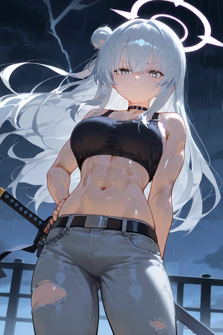 masterpiece, highest quality, 1girl, silver hair, middle hair, night city, (abs:1.3), (muscular:1.3), black Bomber jacket, black color knife