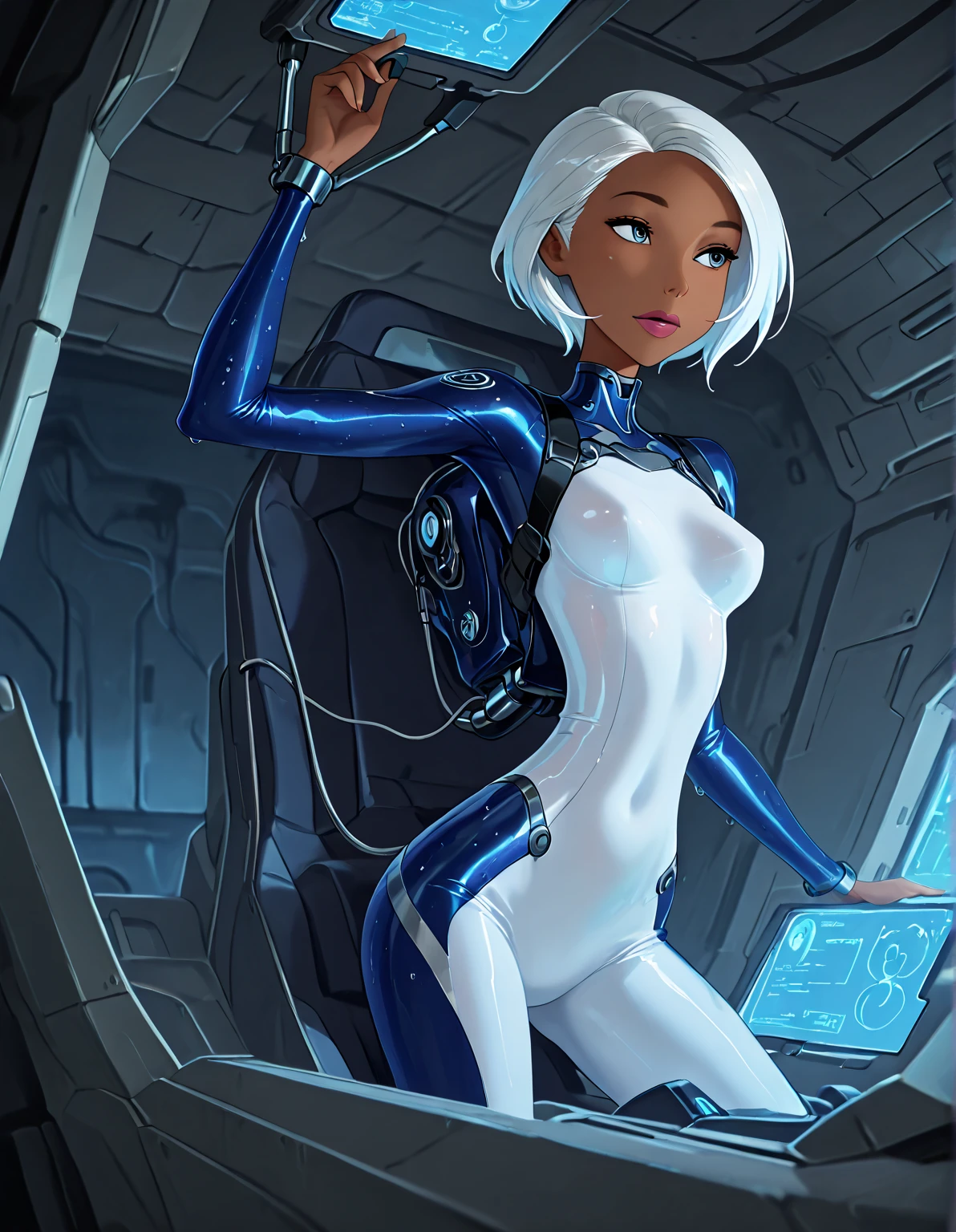cinematic film still, cybernetic style futuristic style space girl, cute, futuristic, nsfw, sexy, white hair, medium length hair, (small breasts: 1.4), (nude: 1.3), naked, aroused, (zero gravity, floating: 1.3), smiling, inviting, detailed skin, nipples, sleek, modern, ultramodern, high tech, detailed, technological, cybernetic enhancements, robotics, shallow depth of field, vignette, highly detailed, high budget Hollywood movie, bokeh, cinemascope, moody, gorgeous, full body view, long legs, curvy ass, perfect thighs