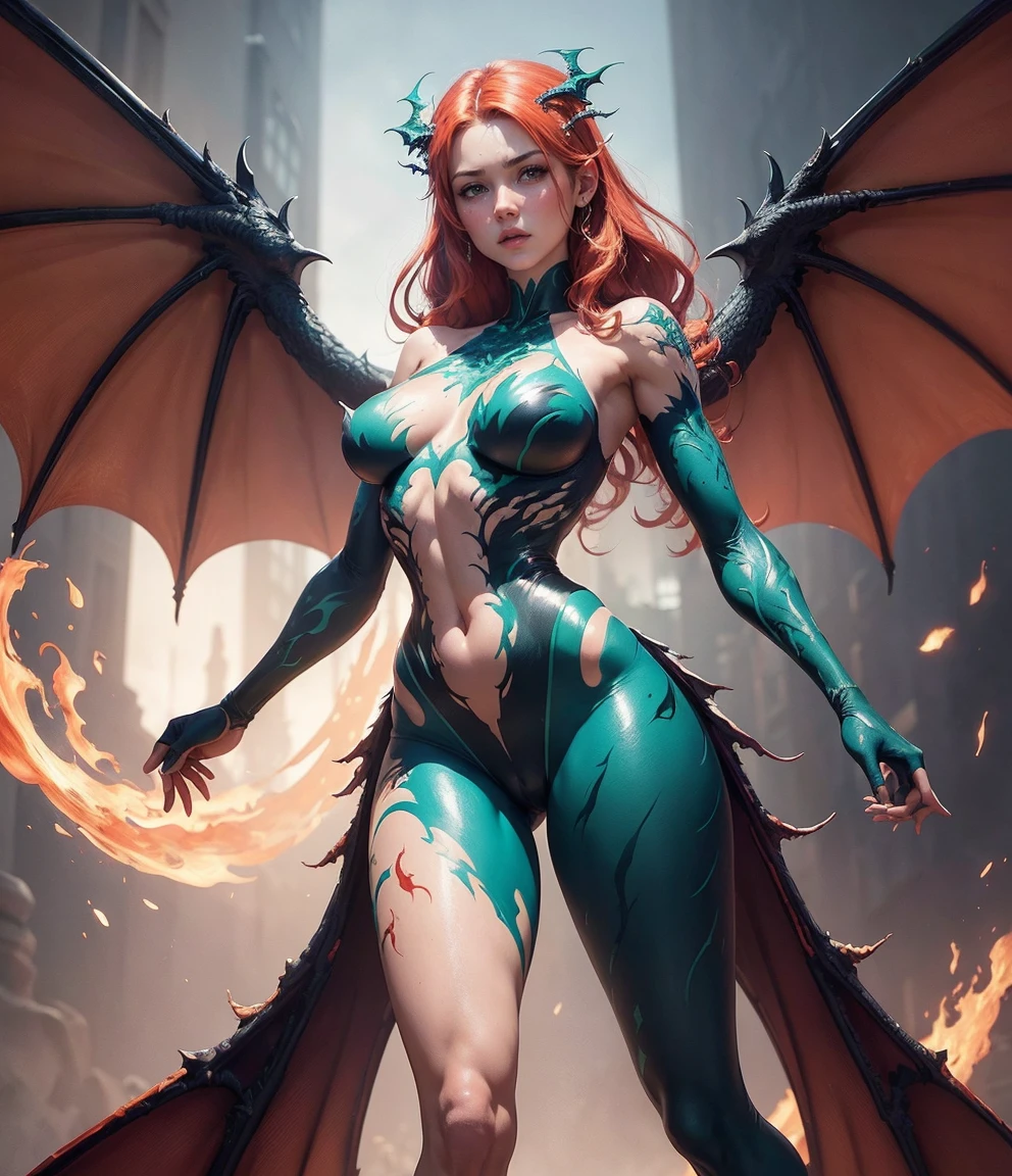 Half human half dragon long red hair beautiful black and green eyes long tails wrapped around