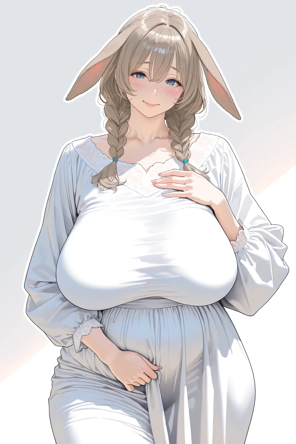 Beautiful pregnant female sorceress, elegant formal detailed and tight white dress with blue details, blue gems, mature, bunny ears, orange hair, piercing blue eyes, wants to have sex with me, cleavage