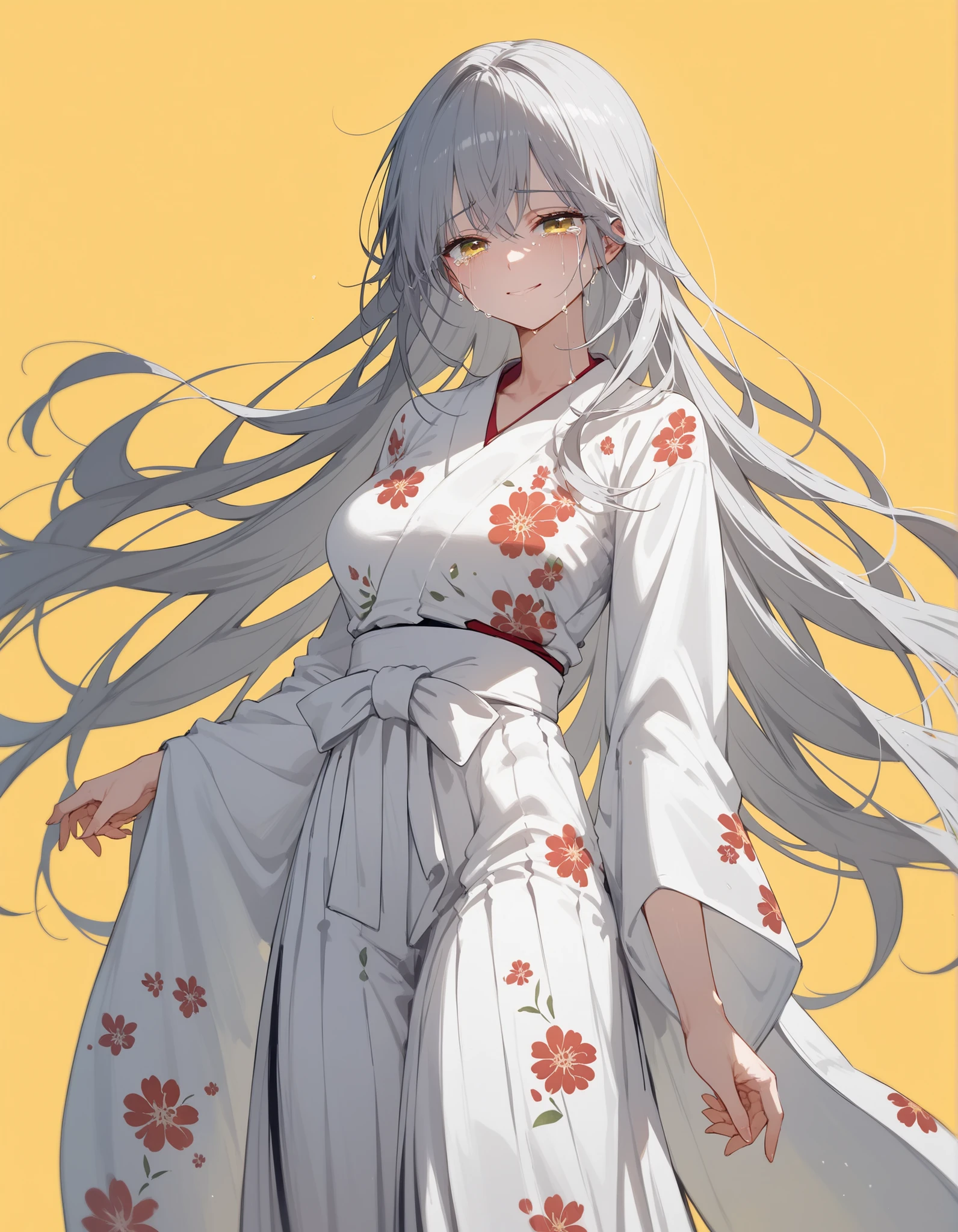 girl,white hair,, gray hair,slim,white,in yellow eyes,Long White Kimono , hakama ,long hair, busy , Milf, Tomboy,eyelash,yellow background, dark edges,Slim,long hair,Floral Print Shirt,เส้นlong hair,Long dress ,standing,smile,Body Shapes,tear,sad,