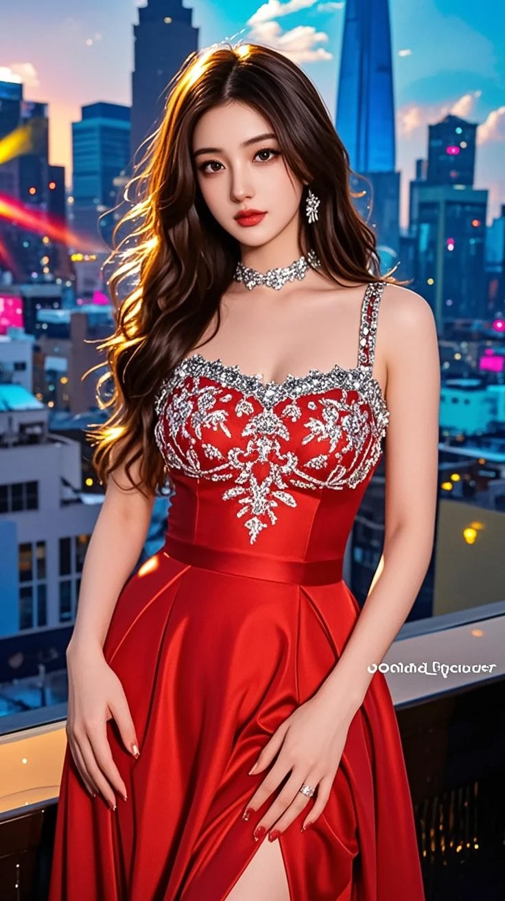 Tzuyu 1, woman, (Realistic), (Hyperrealism), (photoRealistic), Written boundary depth, eye make up:0.7 (whole body:1.8), (Large Bust),(Tight waist), Observe the audience,At the flower garden, Fashion Model, Sexy red dress with open shoulders and neckline