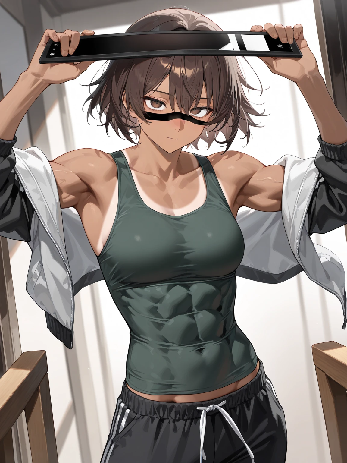 score_9, score_8_up, source_anime, standing, hellsing, seras, femboy, twink, shorts, otoko no, crop top, indoors, ikuchan, smug, smirk, hung