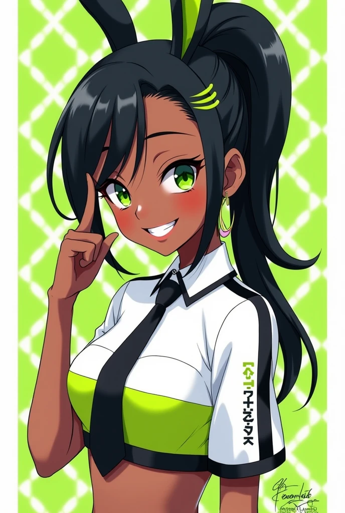 Woman, Athletic and toned body, light skin tone, long black hair tied in a ponytail, green eyes with a penetrating and seductive look, breasts big, exciting look, white bear pajamas, short shorts and a top showing your belly, short clothing, she is on a volleyball court, cute pose