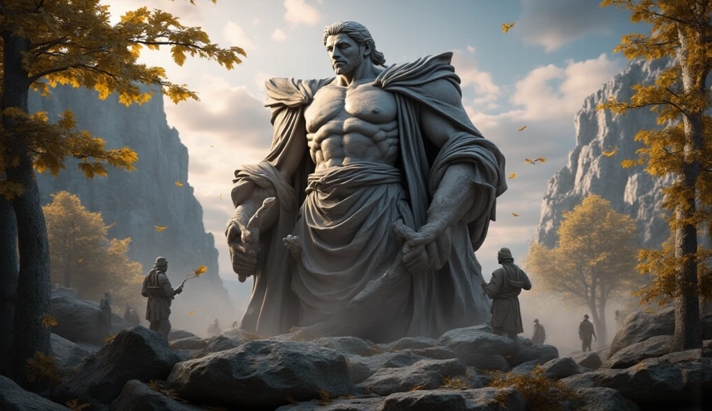 A legendary scene of Aristotle, the esteemed Greek philosopher, standing tall against two formidable adversaries, both armed and of African descent, on a flat, desolate earth. Aristotle, with his silver hair and beard, clenches a globe firmly in the palm of his hand, crushing it with an unyielding grip, symbolizing his defiance against their primitive beliefs. In his other hand, he brandishes a longsword, its sharp edge gleaming under the harsh sun, ready to protect the truth. A hill in the background bears witness to the battle, adorned with the lifeless forms of numerous defeated soldiers, who once challenged Aristotle's intellectual prowess. With