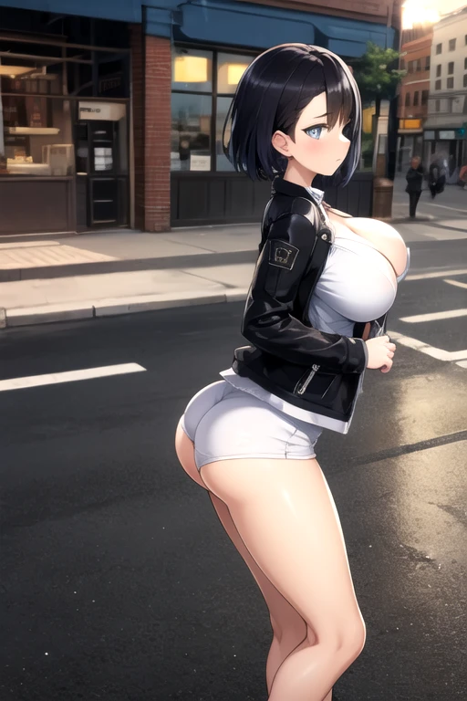 Midwestern town,1 girl, bob hair,Brown Hair,blush,Serious face,barefoot,Gray leotard,Super High Leg Cut,Sweat,Large Breasts,walk,blue eyes,Backwards,Butt,back,Asian Squat,