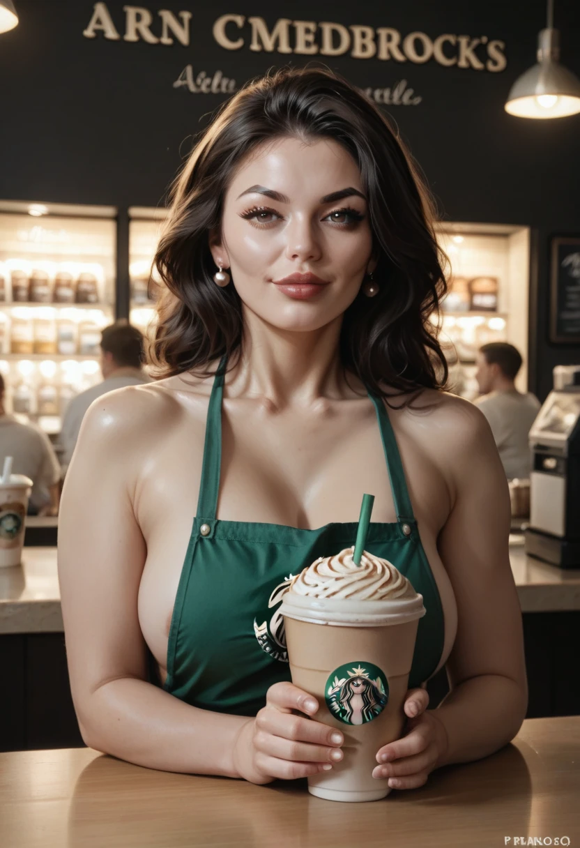 Realistic 33-year-old Bettie Page hairdress in selfie mode for Instagram dressed as a Snapchat influencer Full photo of Starbucks cafe