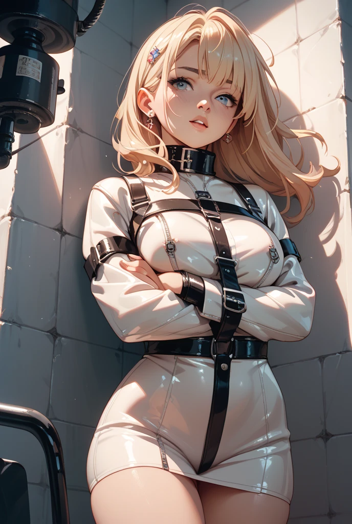 (absurdres, 8k, 4k, masterpiece, hyper extreme detailed:1.2), solo, 1girl, front view, portrait, best quality, perfect face, 1girl, portrait, solo, standing, Female, toned body, mature female, EJP breasts, , long hair, delinquent, sarcastic, swept bangs, midriff, standing up, half body, shorts, hightquality,Realistic,cyberpunked,Realistic, prison, (Futuristic, severe), woman wearing a straitjacket, white rough hair,Full body restraint,lap belt,gagged,bar gag, Restraint belts here and there,Thick fabric,arms bound), Confined,Red face, prison( The dim, chains, Woman in the center of the room),,(arms behind back:1.5),