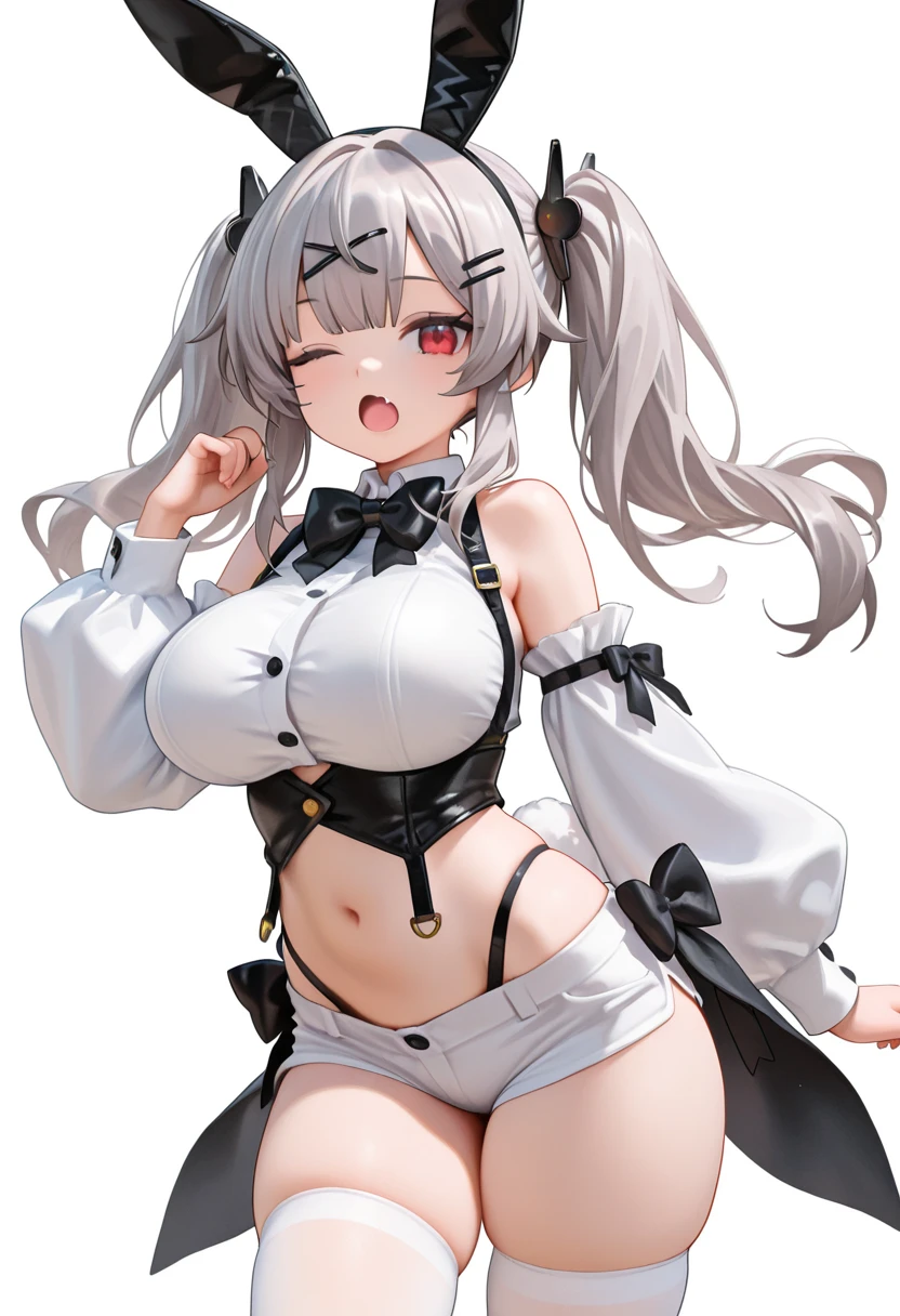 Anime Kawaii sexy Perfect Slim sensual body large breast and huge thighs, An intricate and highly detailed illustration of anime (Young Milf) , 1 girl, standing alone, White top, break, latex shorts, breasts big, white background, leaning forward, wink to the right, looking ahead at viewer