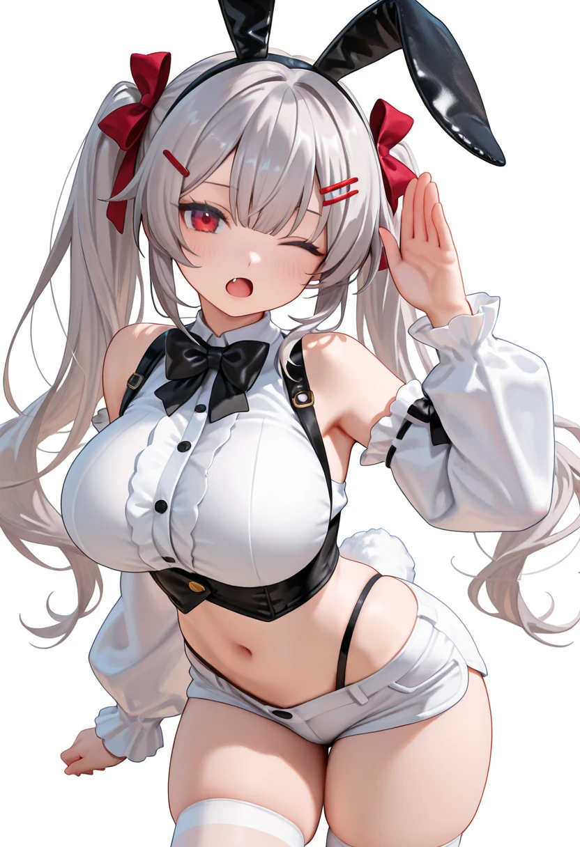 (masterpiece), (best quality), ((high resolution)), fiveseven, long ponytail, black pleated skirt, smile, (thigh strap, skin dentation), dynamic pose, sleeveless top, (cowboy shot: 1.3)