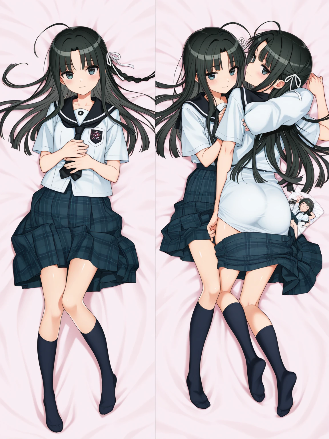 score_9, score_8_up, score_7_up, source_anime, Idealized Forms, Natural Light, details background, blurry background, extremely detailed,1girl,hatsushimo(kancolle),brown eyes,(left(white)right(blue))headband,(black)long hair,(low-tied)hair,(black)hair,small breasts,(petite),shirt,blazer,black skirt,single thighhigh,(dakimakura)