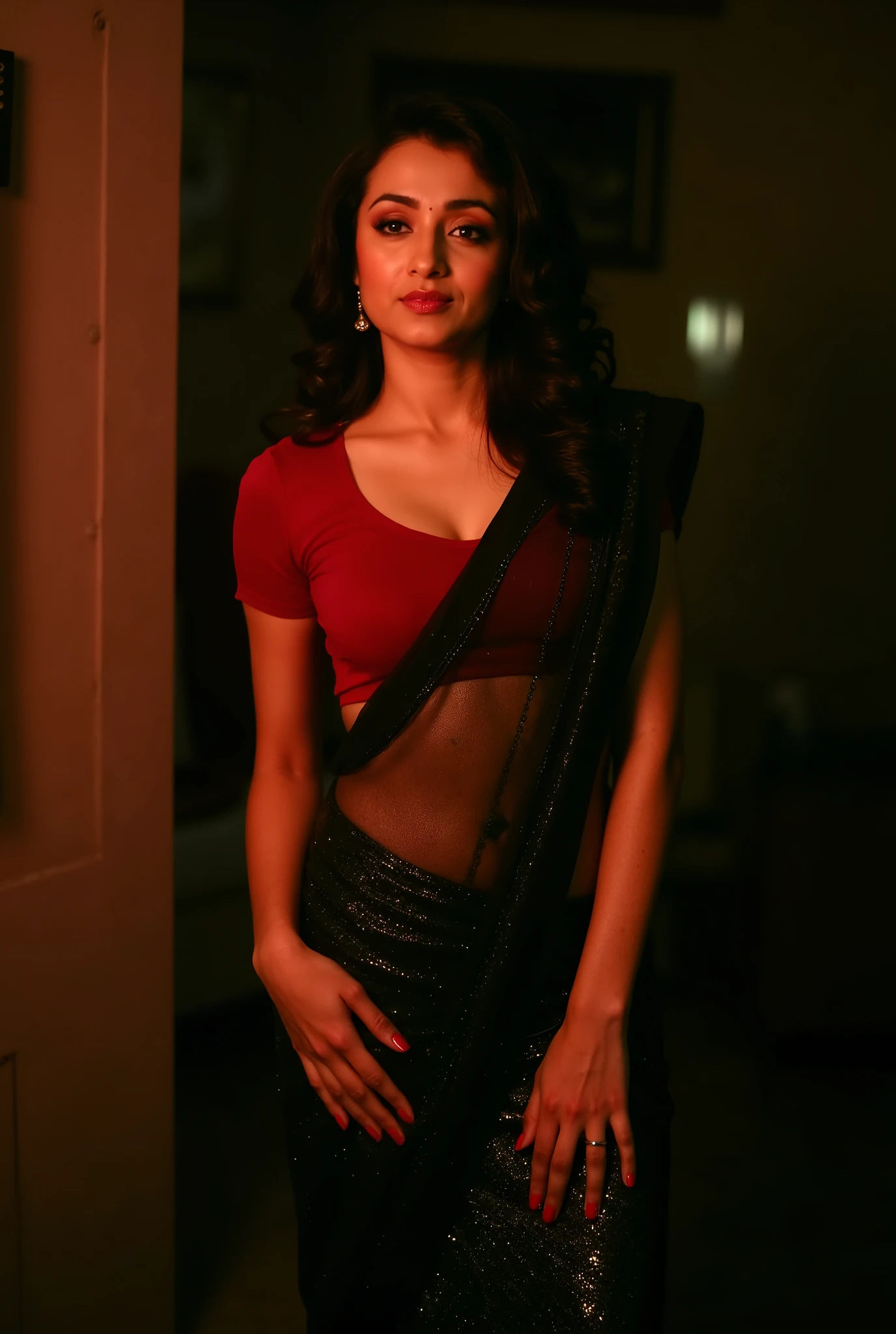Indian lady, black saree with no pallu, shining red blouse, deep cleavage, open waist, red nails