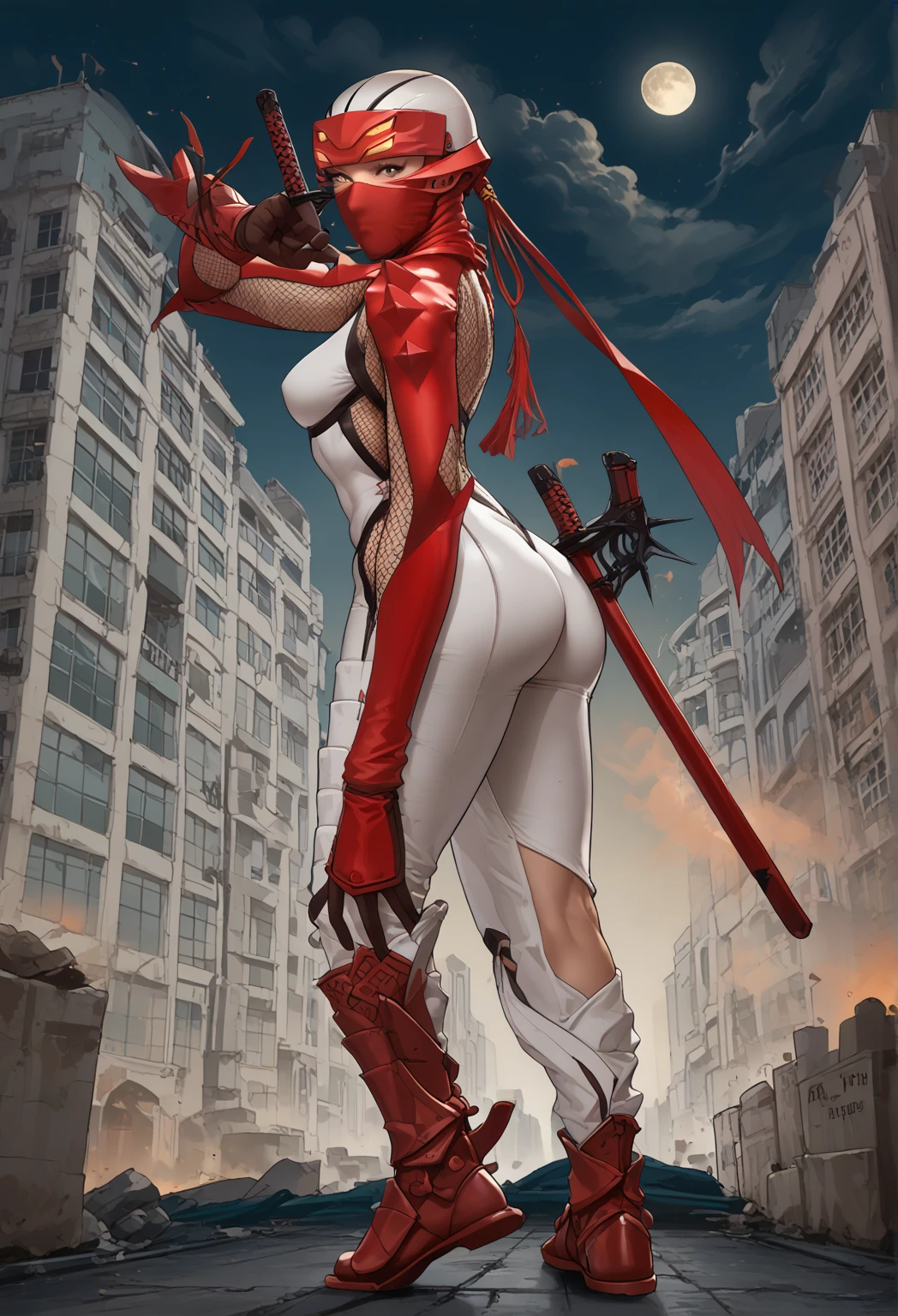 ((masterpiece, best quality)), (Skarlet from Mortal Kombat), ((in white bra and white fullback cotton panties)), butt focused shot, large backside, wearing red lipstick, realistic art style, intricate details