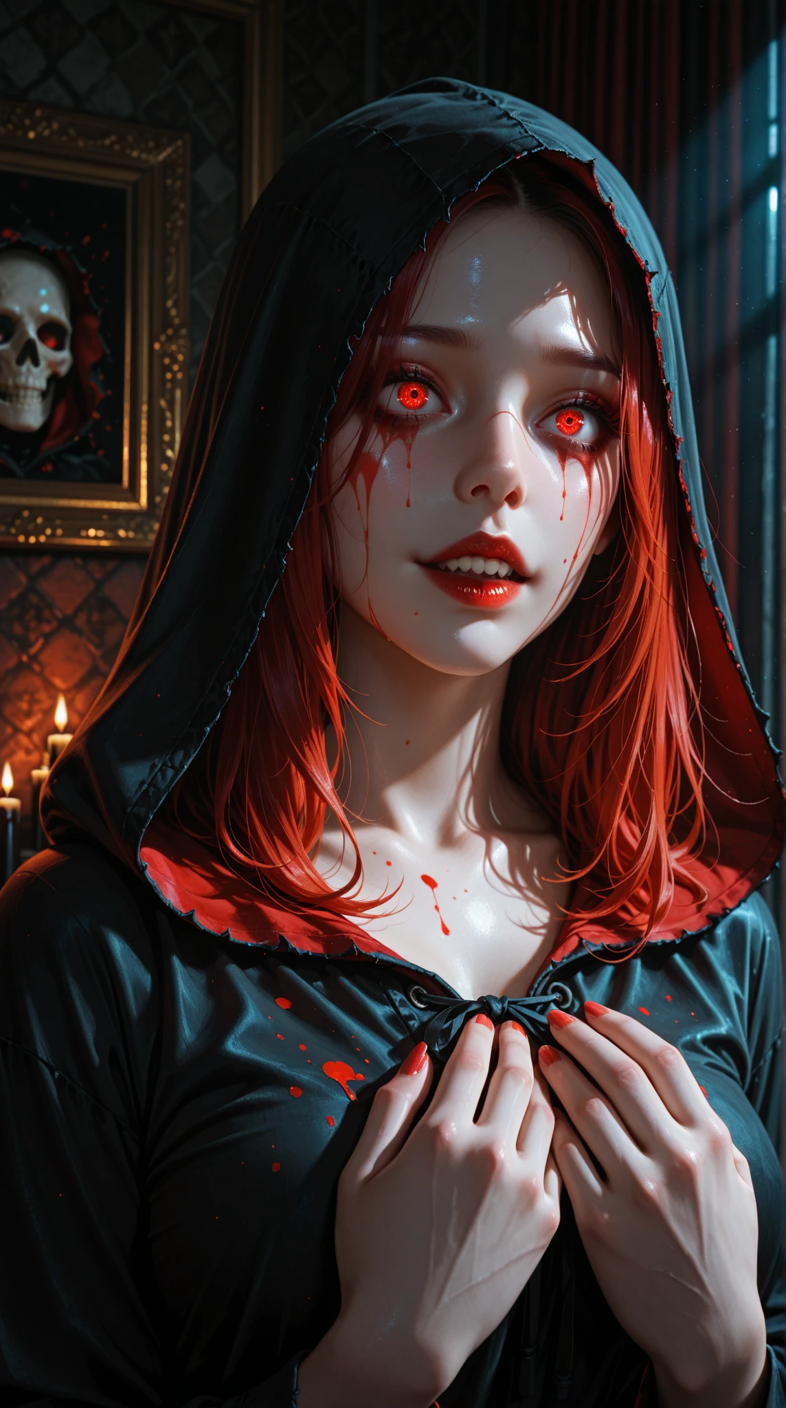 A very pal humanoid character, aux yeux rouges, Elle est folle, Noix, horreur, Elle est effrayante, Elle est effrayante, Valeur de choc, very diabolical, Elle est maigre, evoke, Peur, terreur, terreur, pourrir, disgust, elle est psychopathe, Sombre, Exceptionnellement mince, mince, Scraggly, emaciated, tordu, effrayant, Malade, Background ruins, castle, Blanc long_robe, , sanglant_mains, seulement, corps entier, (messy_long_Sombre_cheveux), Bosseler, Mauvais yeux, les yeux brillants, fire in the background, (She wears a very dirty old torn_blanc_robe), psychopathe, Leaning on a sofa,