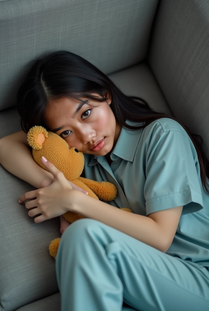 16 year old girl, Topless, Dark brown hair, green sports pants, lying on a bed