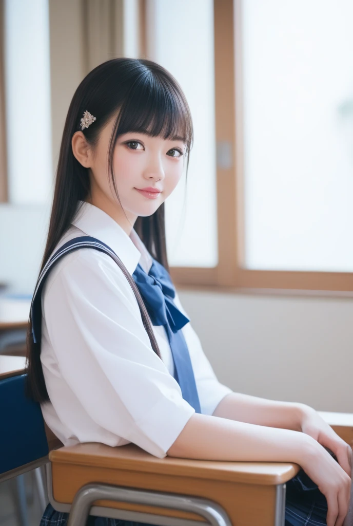 A Japanese high school girl with short, straight brown hair, wearing a white and gray short sleeve sailor uniform, is sitting in a classroom studying. She is writing in an open book with a pen, and her face is clearly visible with beautiful black eyes and a light smile. The classroom has desks, chairs, windows, and a blackboard. The setting is winter, and the photo is highly detailed, ultra-high resolution, and photorealistic. The girl looks cute and beautiful, and the image quality is top-notch, with 4K and 8K resolution, capturing the scene with a 35mm lens at f/1. The photo should look like a commemorative photo, with the best quality and ultra-detailed. The girl should be posing in various ways, looking natural and realistic. The setting should be in a school located in a city or town.