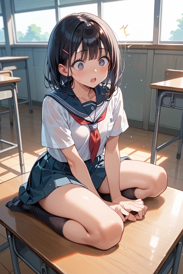 Anime girl sitting at a classroom desk with a blackboard, beautifulアニメのhigh school girl, cute anime girl, white pantiesー,cute, seductive anime girl, anime moe art style, squatbeautifulanimegirl, anime best girls, Smooth anime CG art, attractive anime girl, cotton panties,surreal , young anime girl、wear sneakers、white panties、full color、(muste piece、 best quality:1.2)、High resolution、high resolution、in 8K、🎁Live-action、Raw photo、highest quality、masterpiece、 extremely delicate、High definition raw color photo、professional photography、 wonderful face and eyes、超High resolution、Raw photo、beautiful、beautiful、beautiful girl、(solo:1.2)、 black hair、big 、blush、smile、big 、 、view audience、squat、(Crouching panty shots:1.2)、fully exposed panties、blush、shy smile、outdoor、outside of home、Obscene content、pornography、high school girl、sit with one's knees、sit with your heels on the ground、hold your knees with both hands、shins facing forward、body facing forward、sit with your heels on the ground、open legs、open crotch、white panties、8k photo、Live shooting、最high resolution、masterpiece:1.2、real、photorealistic、high contrast、photon mapping、Realism、Super detailed、professional lighting、Low - Angle:1.2)、(1 girl)、(solo:1.5)、(Height is 165 cm), (18才のhigh school girl), (Japanese high school uniform)、(summer blouse:1.2)、(plaid short skirt:1.2)、(white shirt with student ribbon:1.2)、(squatting down looking straight ahead)、(open crotch:1.2), (white panties:1.5)、(camel toe)、(white sneakers:1.2)、 (perfect proportions:1.2), (White panties are visible under the skirt:1.5), (The detailed shape of the female private parts is clearly visible:1.4), (have pubic hair:1.4), (textured skin)、I can see the cleavage、(8K、RAW photo、highest quality、masterpiece:1.2)、(realistic、Photoreal)、1 girl、from the corner of your eye1Tsu Mole、((white blouse、sailor suit、red tie、Below-the-knee length red checked pleated skirt))、(high school girl)、40 years、Skirt rolled up、gal、lots of eyelashes、glitter on eyelids、skeletally correct、thi